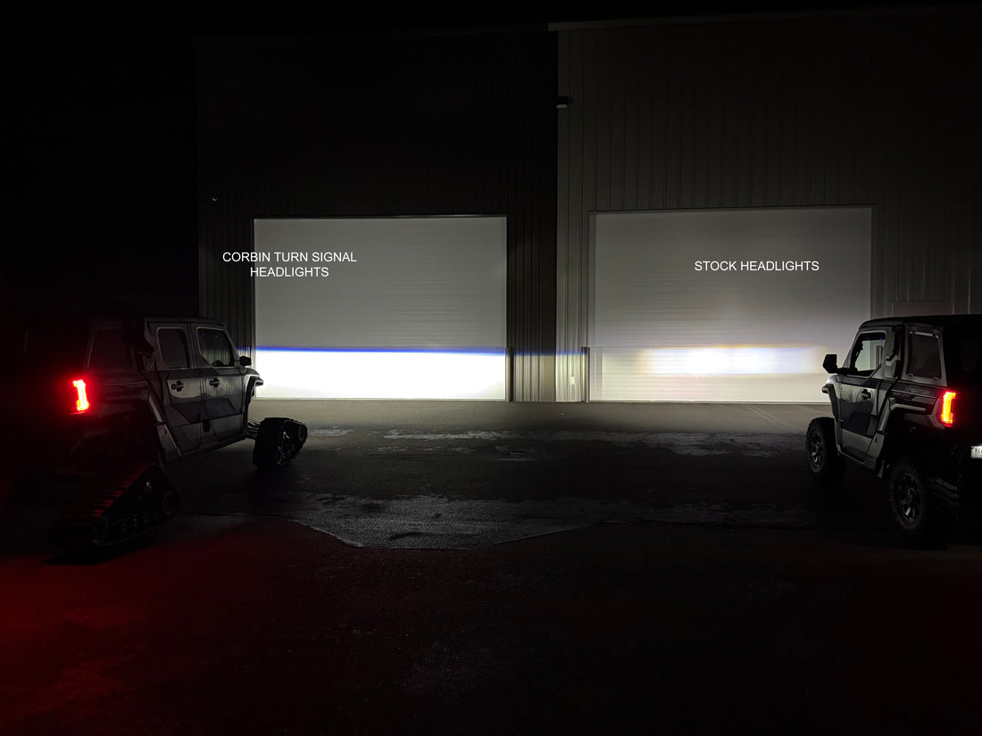 Close-up of a Polaris Xpedition headlight with integrated turn signal, showcasing the design detail and yellow turn signal.